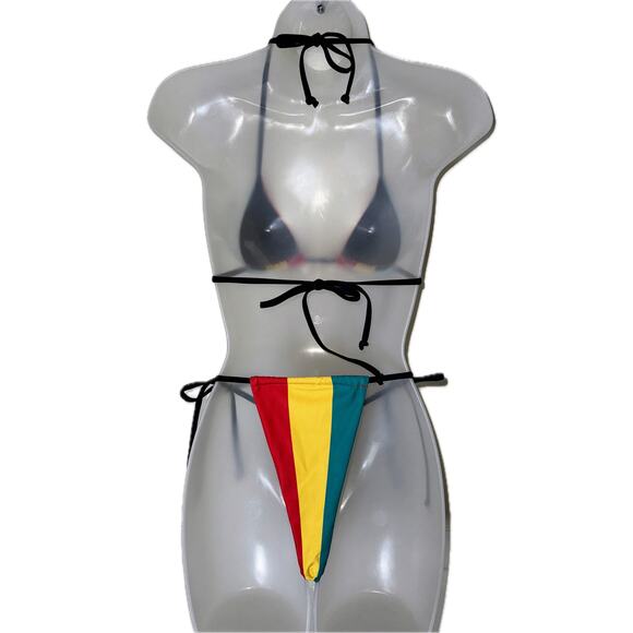 New Small Rasta Jamaica Striped Adjustable Ruched Bikini Swimsuit African Reggae - Picture 5 of 6